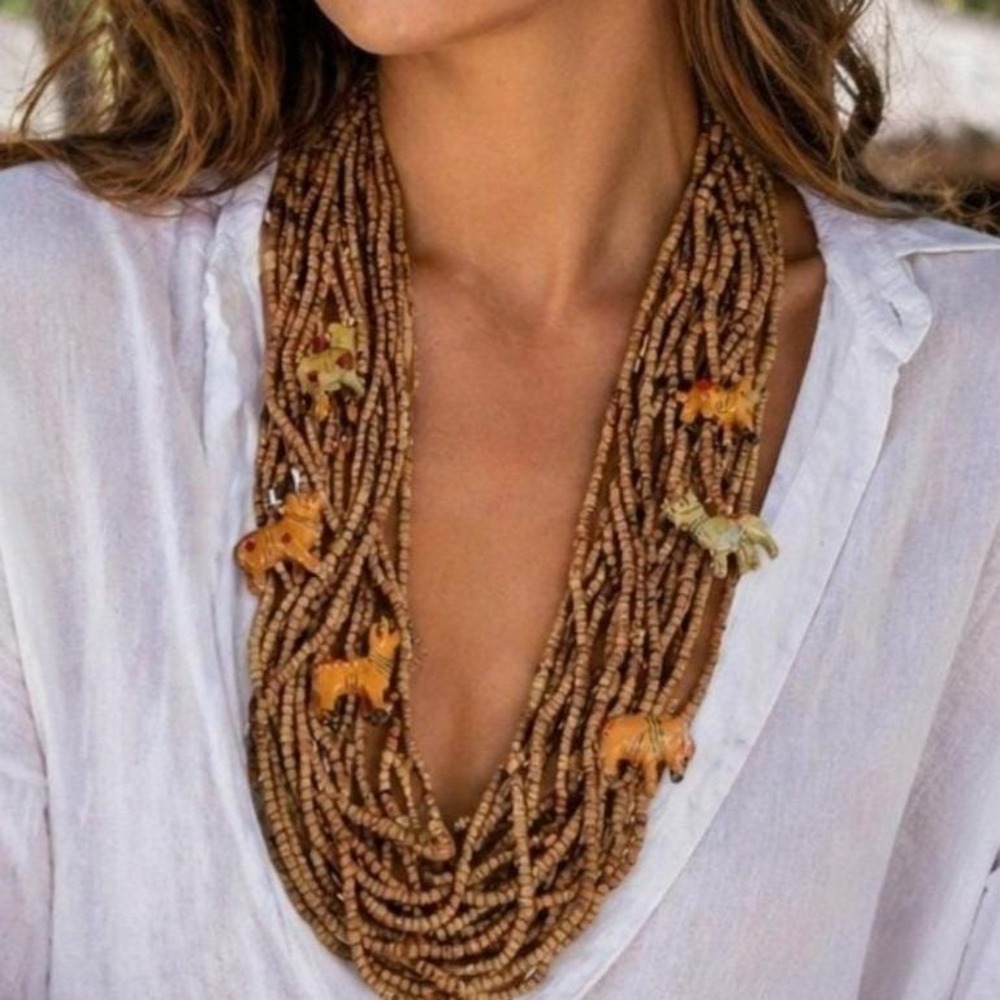 Vintage Hand Carved Wood Animal Necklace,Beaded Statement Necklace, Boho Jewelry